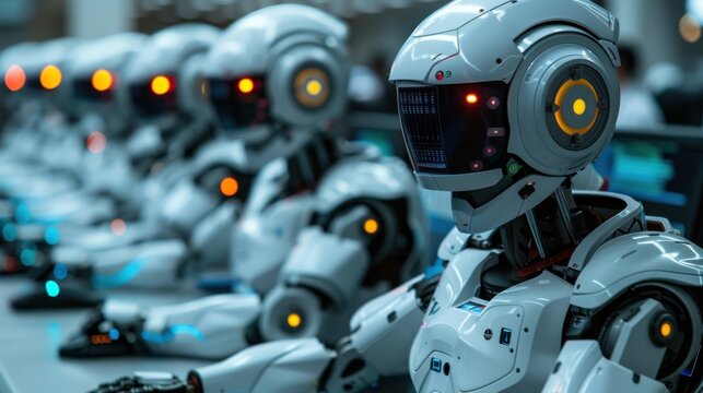 Rows of advanced robots working in unison at computer monitors in a high-tech setting, showcasing futuristic, synchronized robotics.