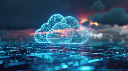 A futuristic digital representation of cloud computing over a smart city, with glowing circuits and a stormy sky in the background.