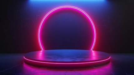Vibrant neon lights illuminate a modern circular stage, creating a captivating atmosphere for events and performances.