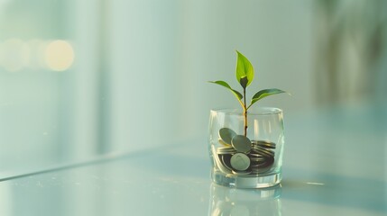 A small plant growing from coins in a glass cup on a white table, blurred background. Financial growth and investment concept.