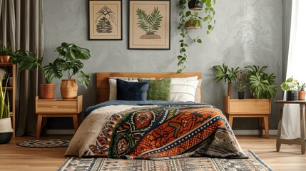 Patterned blanket on wooden bed flanked by tables with plants in bedroom with posters.