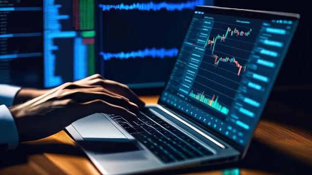 businessman works on writing code on a laptop against the background of cryptocurrency and tables. digital era of finance, innovation. technological progress in blockchain.hands close up