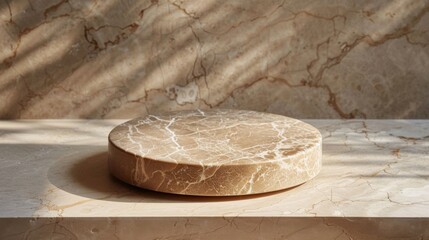 A beige marble pedestal product display set against a matching textured marble background, with natural lighting casting soft shadows.