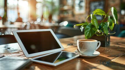 Digital tablet and coffee on wooden table in coffee shop modern workspace concept