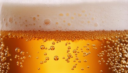 Beer background texture. Close up beer gluss with frothy foam and bubbles