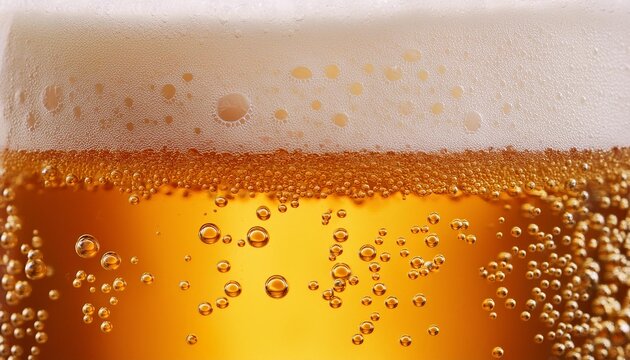 Beer background texture. Close up beer gluss with frothy foam and bubbles