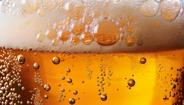 Beer background texture. Close up beer gluss with frothy foam and bubbles