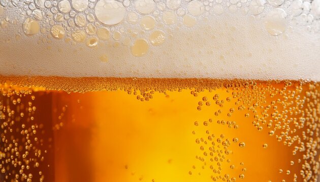 Beer background texture. Close up beer gluss with frothy foam and bubbles