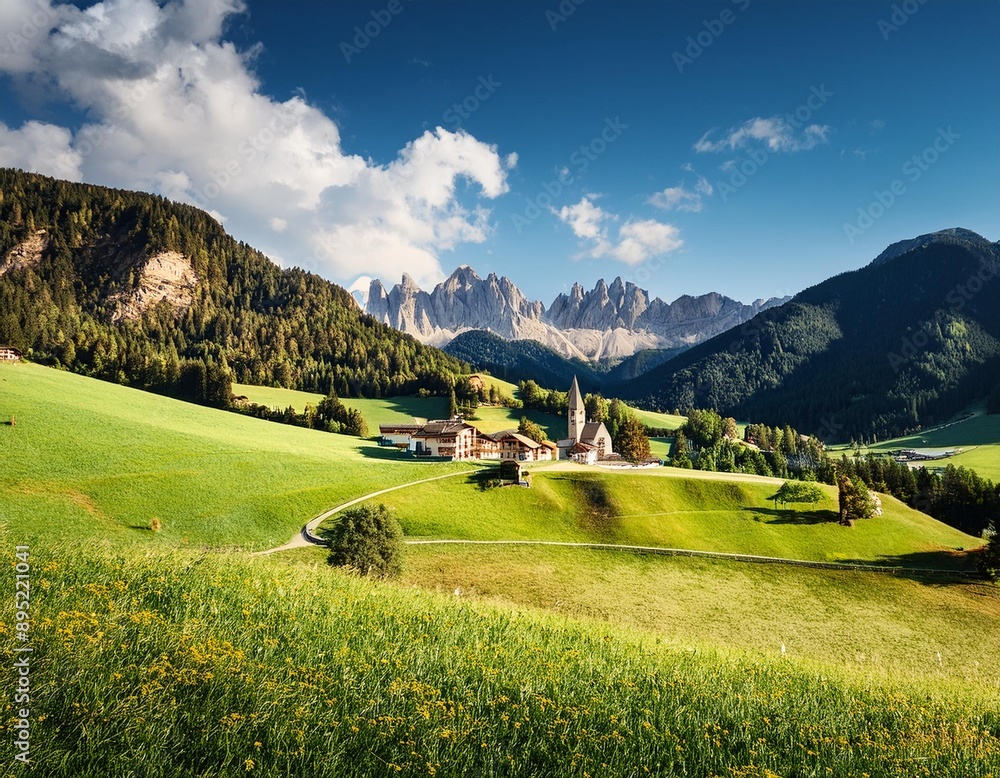 Wall mural famous best alpine place of the world, santa maddalena village with magical dolomites mountains in b