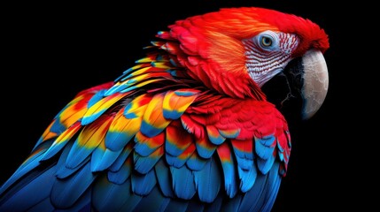 Obraz premium Vibrant image of a red macaw with colorful feathers on a black background. The detailed and sharp artwork highlights the bird's vivid plumage and expressive eyes.