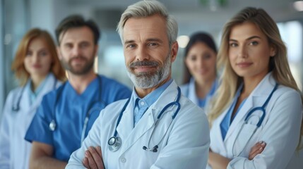 Fototapeta premium A team of doctors in a hospital, with a senior doctor in front and other medical professionals in the background. They appear confident and approachable.