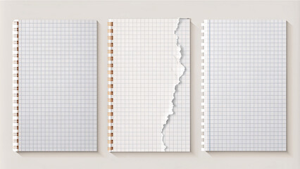 Set of vector realistic illustrations of a torn sheet of paper from a workbook, office utility block notes