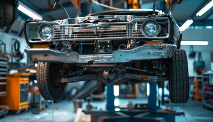 Fototapeta premium Auto repair shop maintains car on lift for chassis, engine, and transmission service