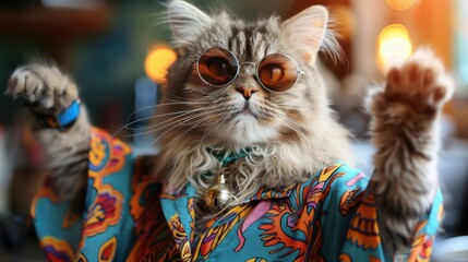 A stylish cat is dressed in colorful clothes and wearing sunglasses while striking a fun dancing pose.