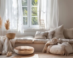 Cozy and stylish living room with pastel sofa by sunlit window creating a warm atmosphere