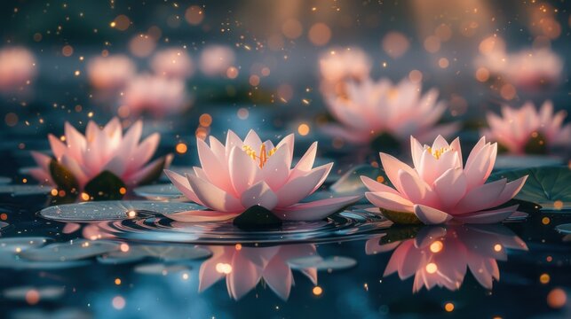 A visually stunning image of pink lotus flowers floating serenely on water, enhanced with a magical digital art style that creates a dreamy, illuminated atmosphere.
