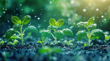 Three young sprout plants in soil with dewdrops, under sunlight. Background shows a bokeh effect, creating a serene and fresh atmosphere, emphasizing agricultural innovation.