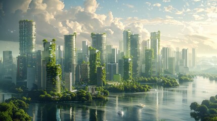 A futuristic metropolis on the coast with towering green skyscrapers covered in vegetation, connected by lush greenery over a serene water body under a partly cloudy sky.