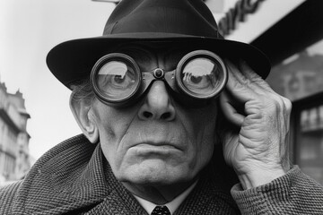 An elderly man in a hat and coat observes the city with a pair of binoculars