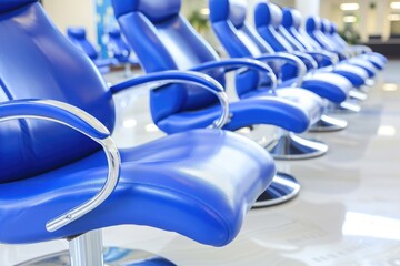 A row of blue chairs with silver accents sit in a waiting area
