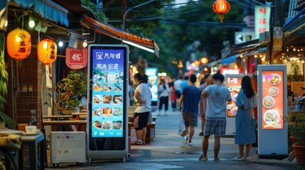The image shows a bustling street market in the evening, filled with digital signage screens displaying restaurant menus and enticing food images.
