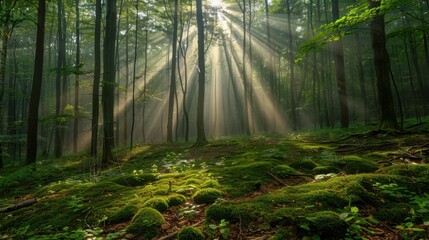 Obraz premium A tranquil forest bathed in morning light, with rays of sunlight filtering through the trees, illuminating a moss-covered forest floor.