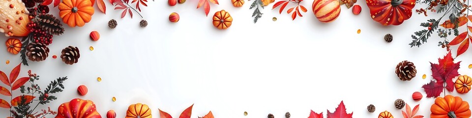 Fototapeta premium Autumn banner in 3d style, Thanksgiving decoration with pumpkins and autumn leaves, copy space, red and orange colors, white background. AI generative.