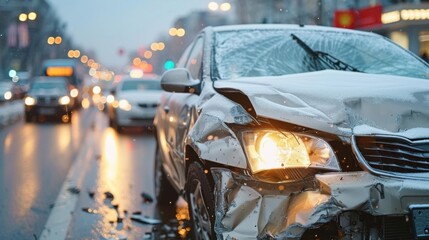 A car with significant front-end damage is seen on a busy road, likely the aftermath of a collision. The scene is set in an urban area with wet conditions suggesting recent rain.