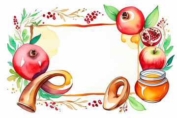 Hand-painted watercolor decorative frame for Jewish holiday of Rosh Hashanah. Celebrating Jewish New Year. Pomegranate, apple, honey, shofar and frame for text