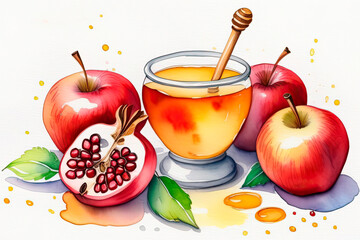 Hand-painted watercolor illustration for Jewish holiday of Rosh Hashanah. Celebrating Jewish New Year. Pomegranate, apple, honey, shofar and frame for text