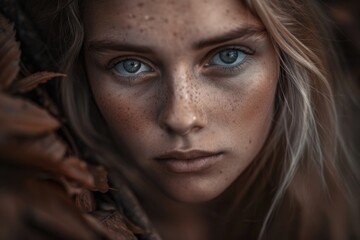 A young woman with blonde hair and freckled skin looks intently at the camera, framed by a blurred background of forest foliage
