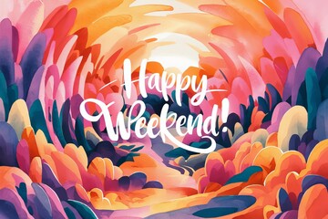 A watercolor illustration titled "Happy Weekend." The artwork portrays an abstract landscape with warm and cool colors. The vibrant palette is reminiscent of a sunrise or sunset.	