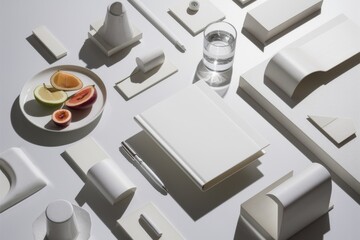 A minimalistic flat lay photograph featuring a pristine and organized arrangement of objects. The composition includes an open book, a metallic pen, a tablet, a glass of water. 