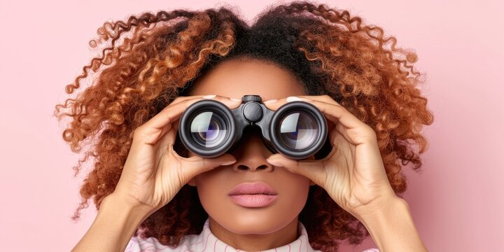 A woman with curly hair looks through binoculars against a pale pink background