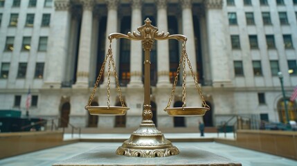 A golden balance scale, symbolizing justice, positioned in front of a courthouse building with tall columns, representing law and fairness.