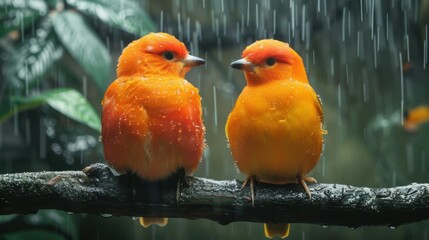 Two vibrant orange tropical birds sit on a tree branch in a rainforest, surrounded by lush greenery...