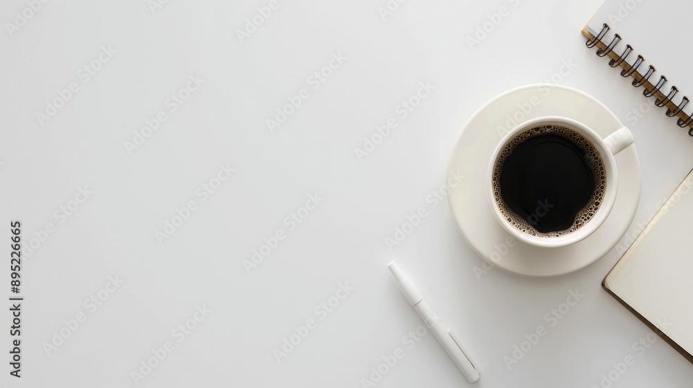 Poster minimal workplace setup with coffee and notepad on white background