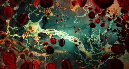 Ischemic brain stroke concept, illustration showing human brain and close-up view of blood vessel 