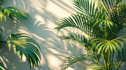 Blurred shadows of leaves and plants are cast on a white wall, creating a serene and natural pattern with a soft, calming ambiance.