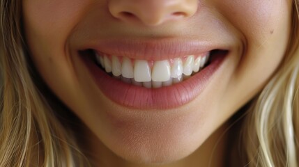 Obraz premium Close-up image of a young woman’s perfect, healthy teeth with a bright, clean smile, highlighting her white teeth and clear skin.