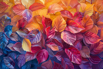 Abstract autumn oil painting of leaves in vibrant colors, abstract background with colorful foliage
