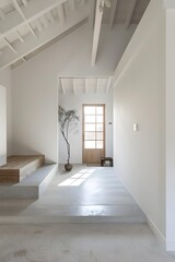 Fototapeta premium Minimalist White Interior Design With Wooden Beam Ceiling And Concrete Floor