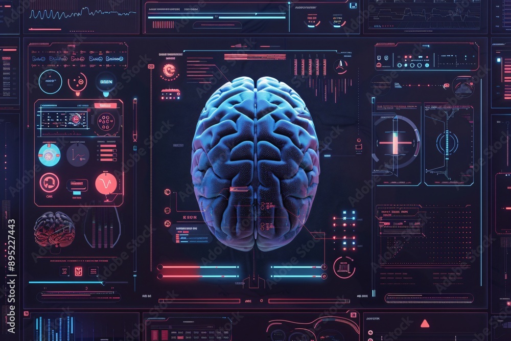 Poster 3d rendering of a digital interface scanning a human brain, showing medical data and statistics