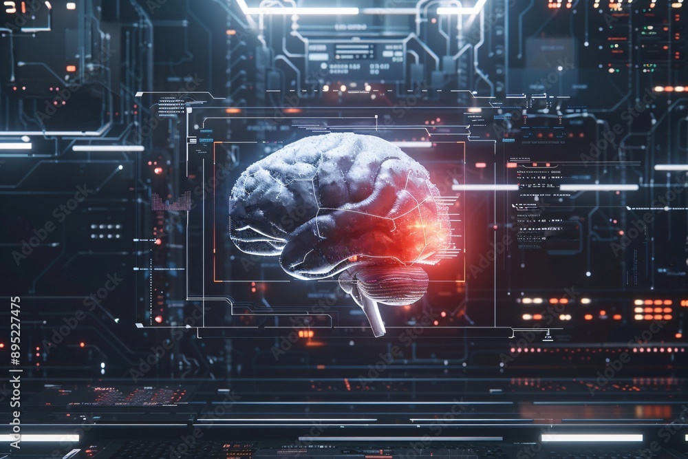 Poster 3d rendering of a digital human brain inside a complex technological interface, suggesting an ai ana