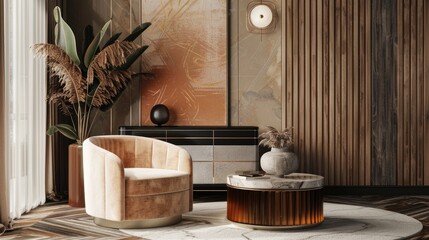 Modern living room interior with chair and table. Design banner