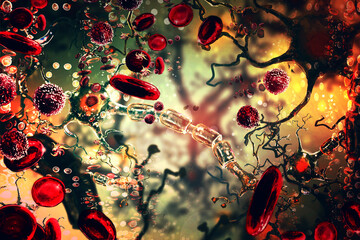 Ischemic brain stroke concept, illustration showing human brain and close-up view of blood vessel 