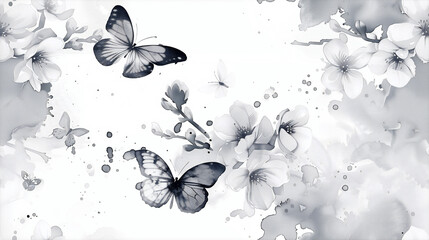 On a white background, there are butterfly patterns in shades of gray, light gray and dark black styles, exquisite ink and watercolor printing, delicate brushstrokes, water dissolution, ink dots