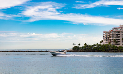 Yacht in Miami beach. Luxury lifestyle. Summer vacation. Luxury motor yacht at sea. Miami yachting....