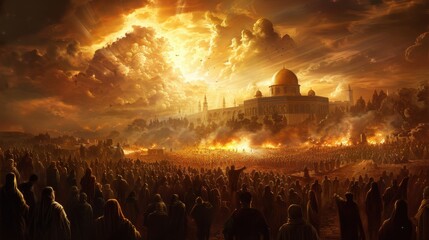 A dramatic, fiery scene depicting a large crowd witnessing a divine event, with a glowing city under a bright, mystical sky in the background.