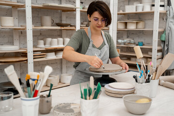 Using a sharp pottery carving knife to cut out a perfect round shape from clay. Ceramics class. Modeling clay into a round form.